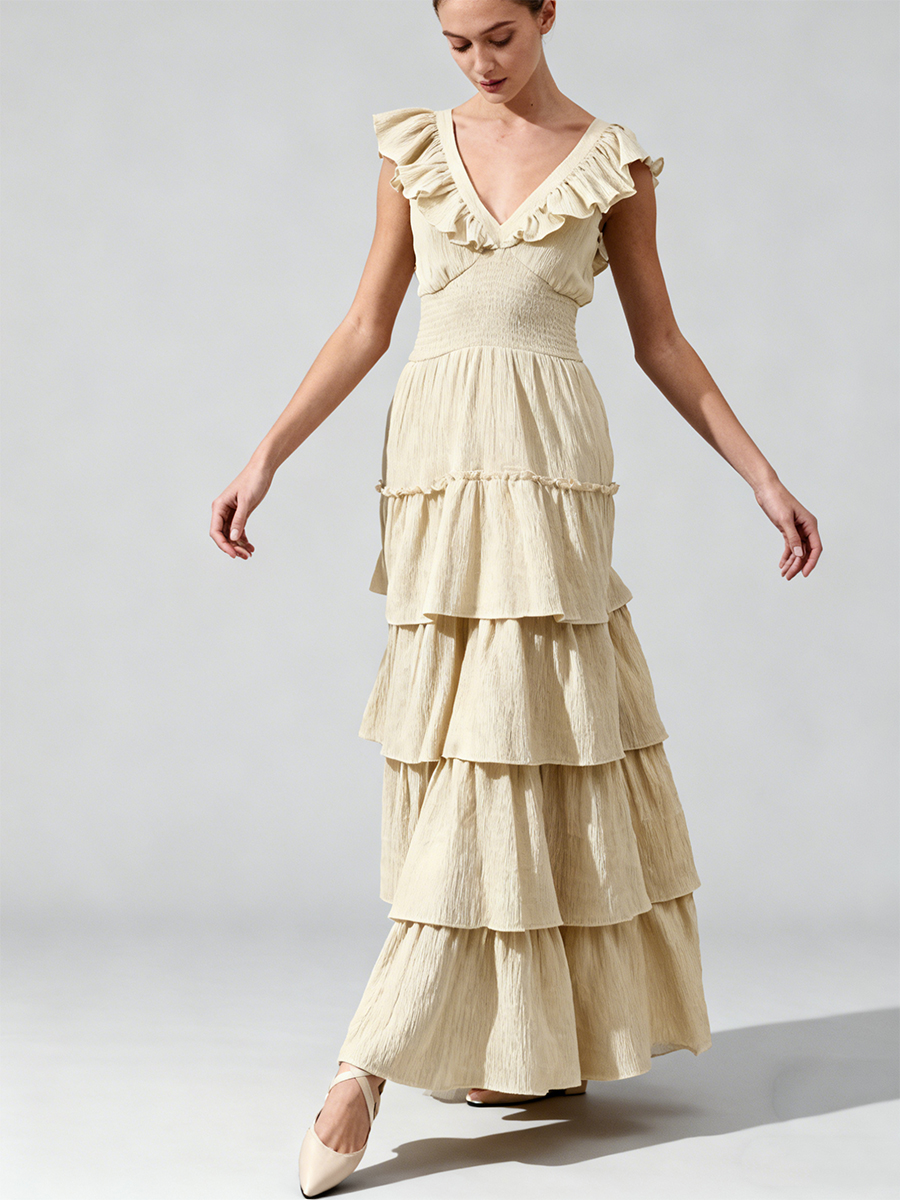 Elegant V-Neck Ruffle Sleeve Waist-Cinched Tiered Maxi Bridesmaid Dress for Wedding