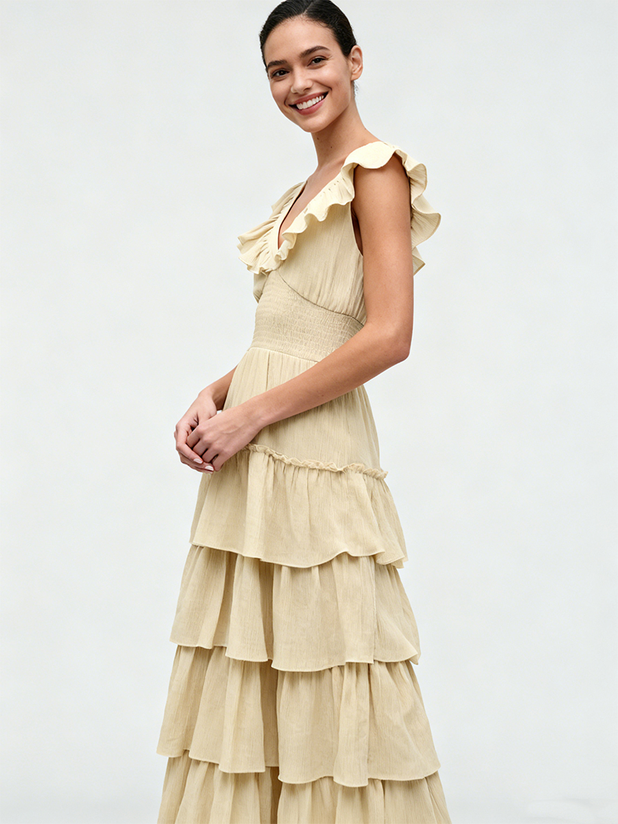 Elegant V-Neck Ruffle Sleeve Waist-Cinched Tiered Maxi Bridesmaid Dress for Wedding