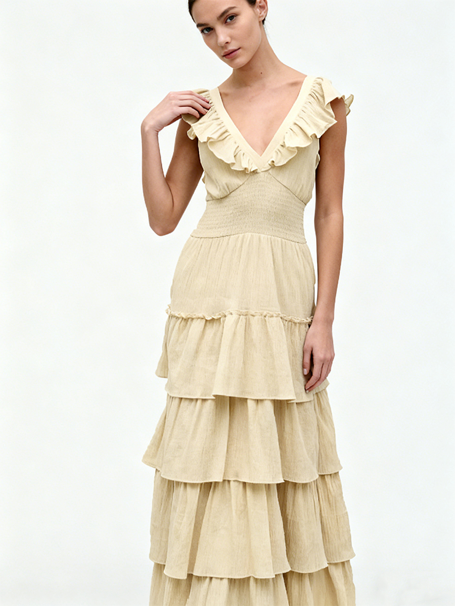 Elegant V-Neck Ruffle Sleeve Waist-Cinched Tiered Maxi Bridesmaid Dress for Wedding
