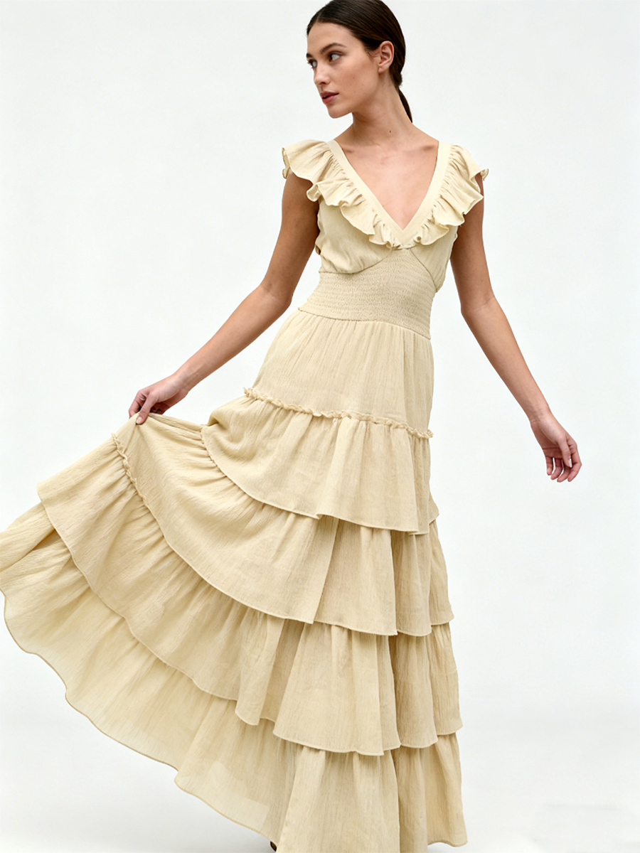 Elegant V-Neck Ruffle Sleeve Waist-Cinched Tiered Maxi Bridesmaid Dress for Wedding