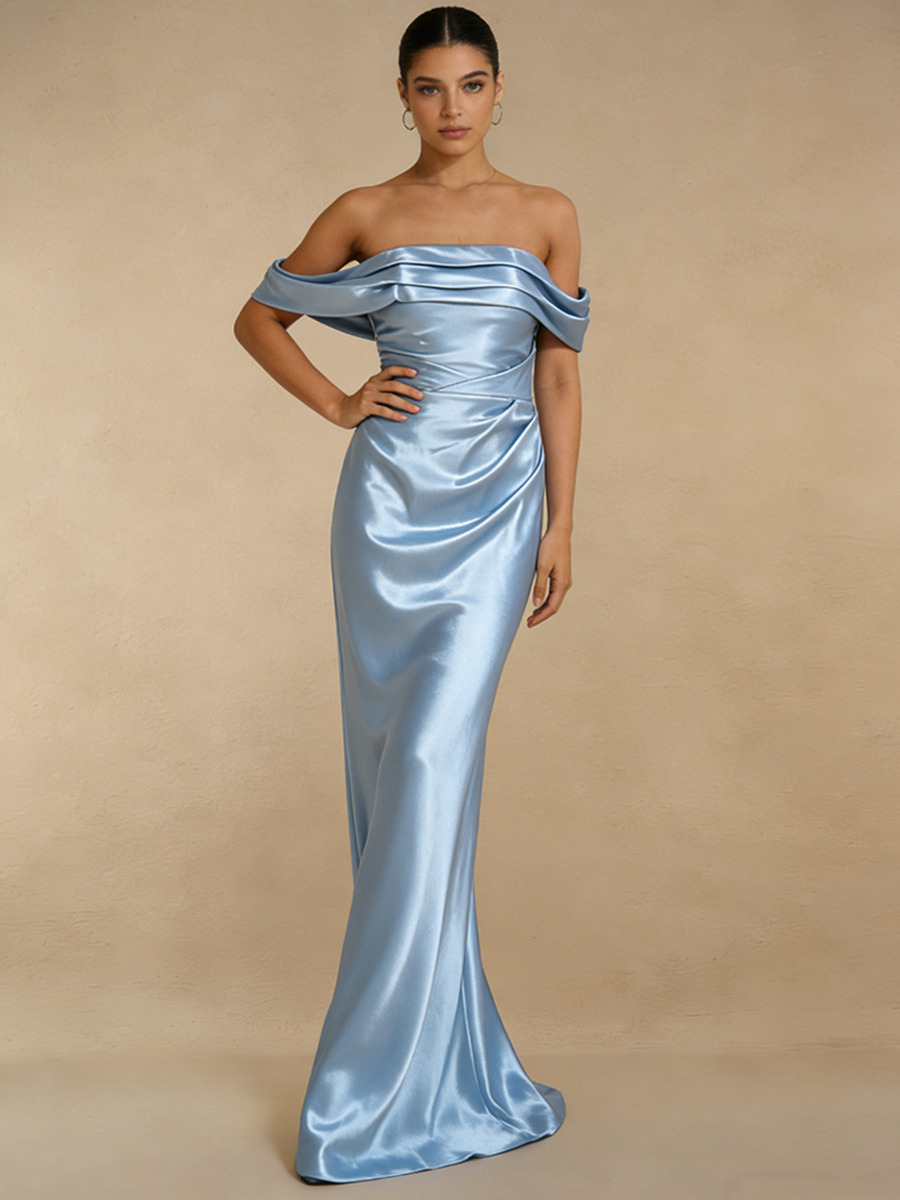 Mermaid Off-the-Shoulder Satin Floor-Length Dress with Draped Neckline for Bridesmaid