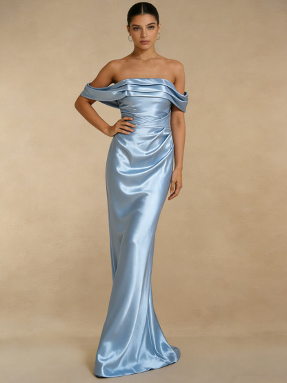 Mermaid Off-the-Shoulder Satin Floor-Length Dress with Draped Neckline for Bridesmaid