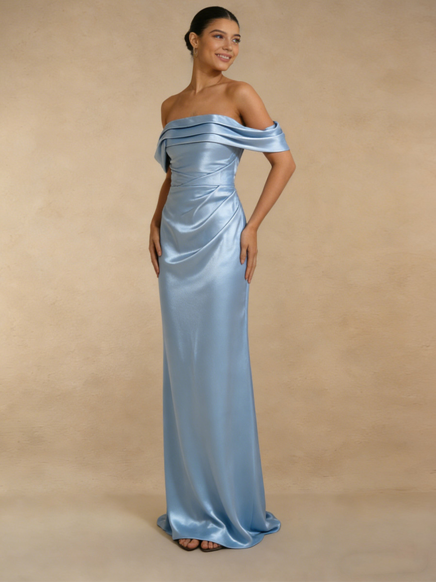 Mermaid Off-the-Shoulder Satin Floor-Length Dress with Draped Neckline for Bridesmaid