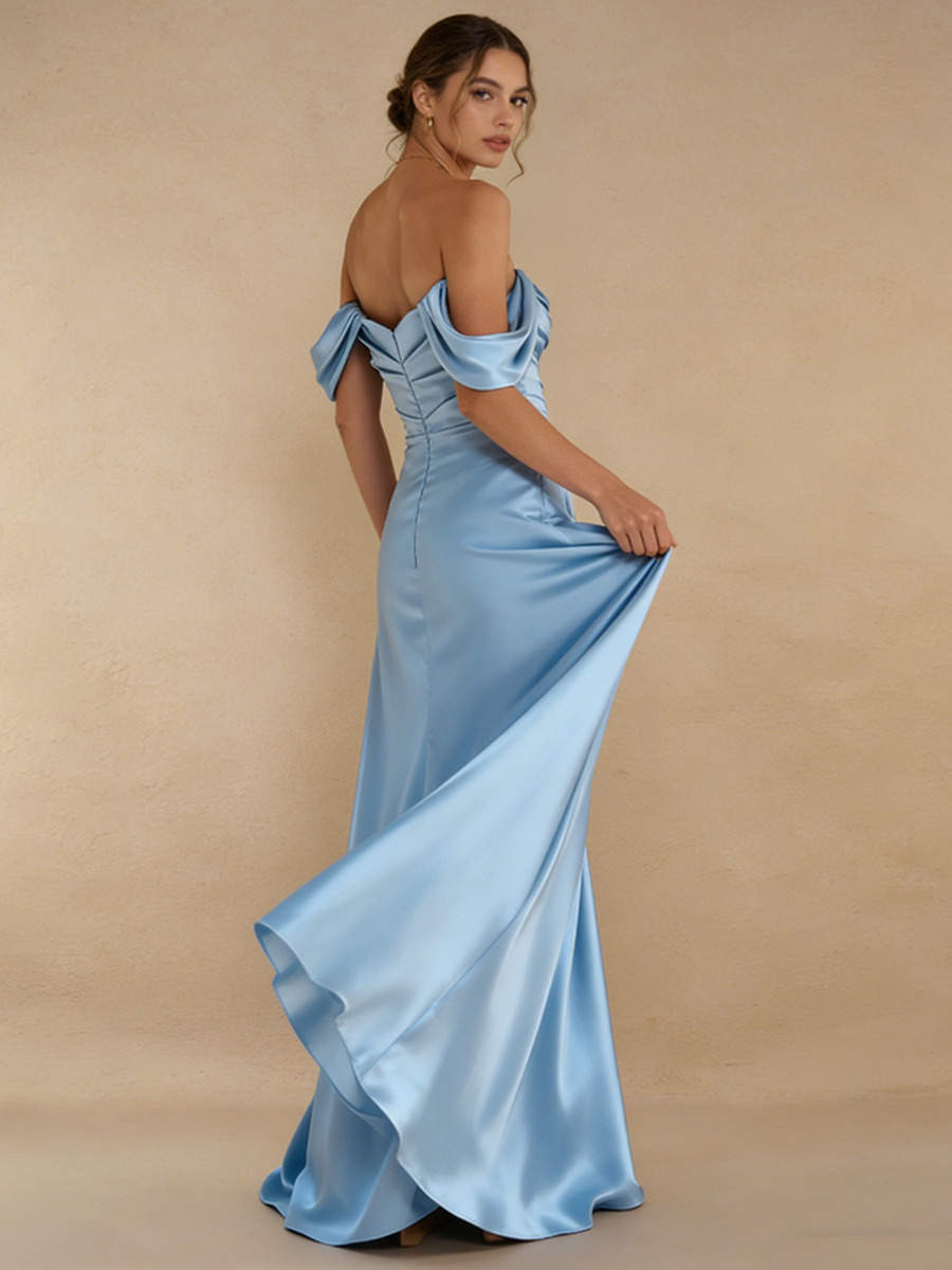 Mermaid Off-the-Shoulder Satin Floor-Length Dress with Draped Neckline for Bridesmaid