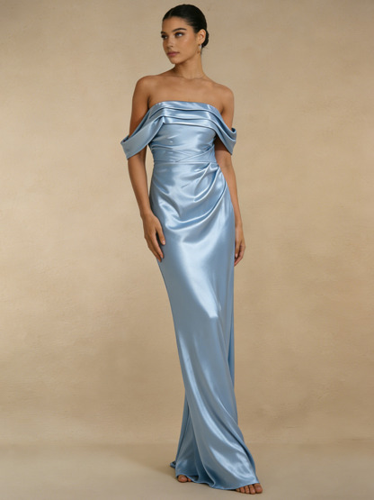 Mermaid Off-the-Shoulder Satin Floor-Length Dress with Draped Neckline for Bridesmaid