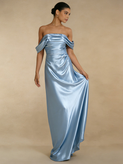 Mermaid Off-the-Shoulder Satin Floor-Length Dress with Draped Neckline for Bridesmaid