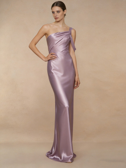 Mermaid One-Shoulder Satin Floor-Length Dress with Twist Detail for Bridesmaid