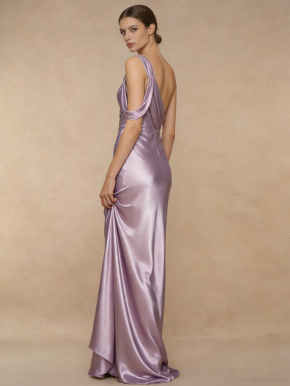 Mermaid One-Shoulder Satin Floor-Length Dress with Twist Detail for Bridesmaid