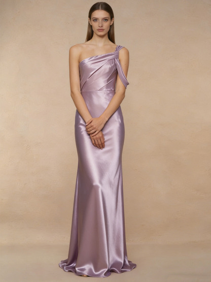 Mermaid One-Shoulder Satin Floor-Length Dress with Twist Detail for Bridesmaid
