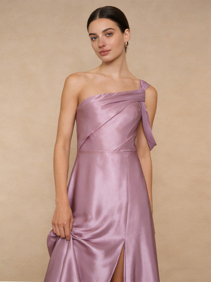 Mermaid One-Shoulder Satin Floor-Length Dress with Twist Detail for Bridesmaid