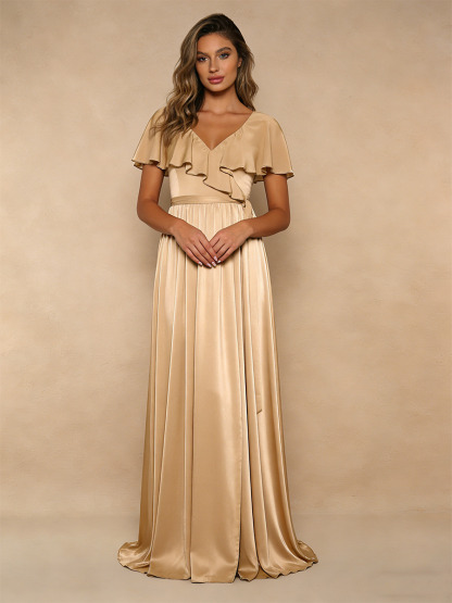 A-Line V-Neck Satin Floor-Length Dress with Ruffled Flutter Sleeves for Bridesmaid