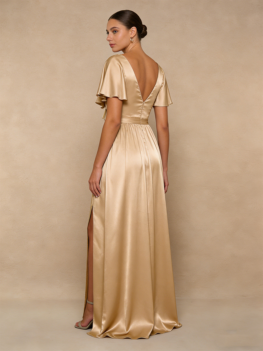 A-Line V-Neck Satin Floor-Length Dress with Ruffled Flutter Sleeves for Bridesmaid