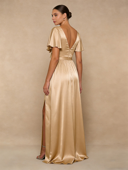 A-Line V-Neck Satin Floor-Length Dress with Ruffled Flutter Sleeves for Bridesmaid