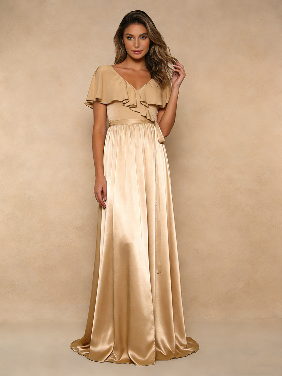 A-Line V-Neck Satin Floor-Length Dress with Ruffled Flutter Sleeves for Bridesmaid