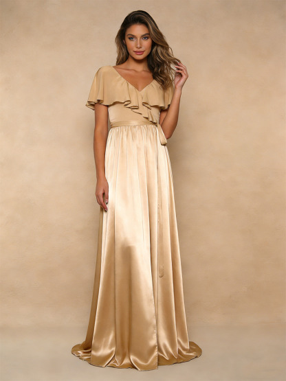 A-Line V-Neck Satin Floor-Length Dress with Ruffled Flutter Sleeves for Bridesmaid