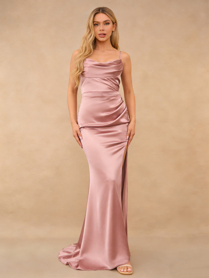 Mermaid Cowl Neck Satin Floor-Length Dress with Ruched Side & High Slit for Bridesmaid