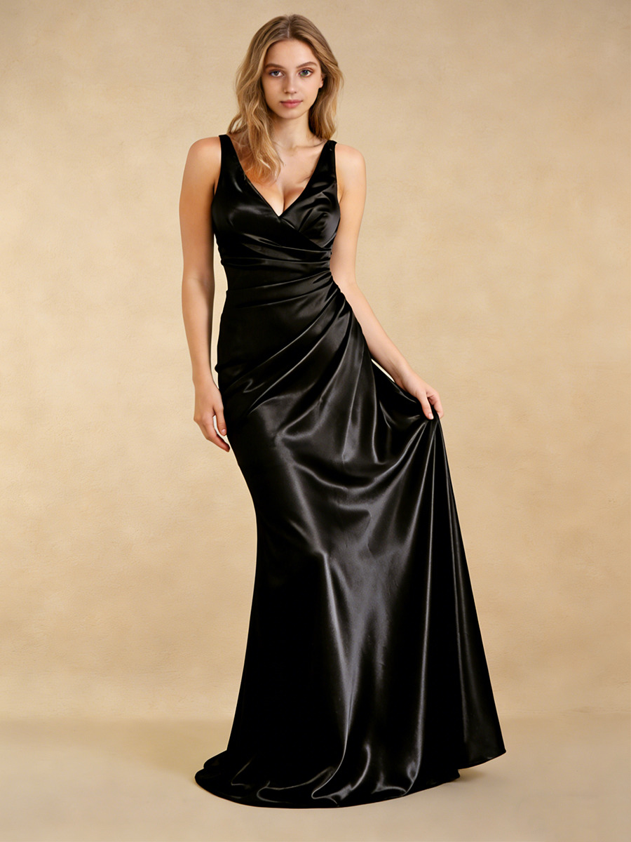 Mermaid V-Neck Satin Floor-Length Dress with Ruched Bodice for Bridesmaid