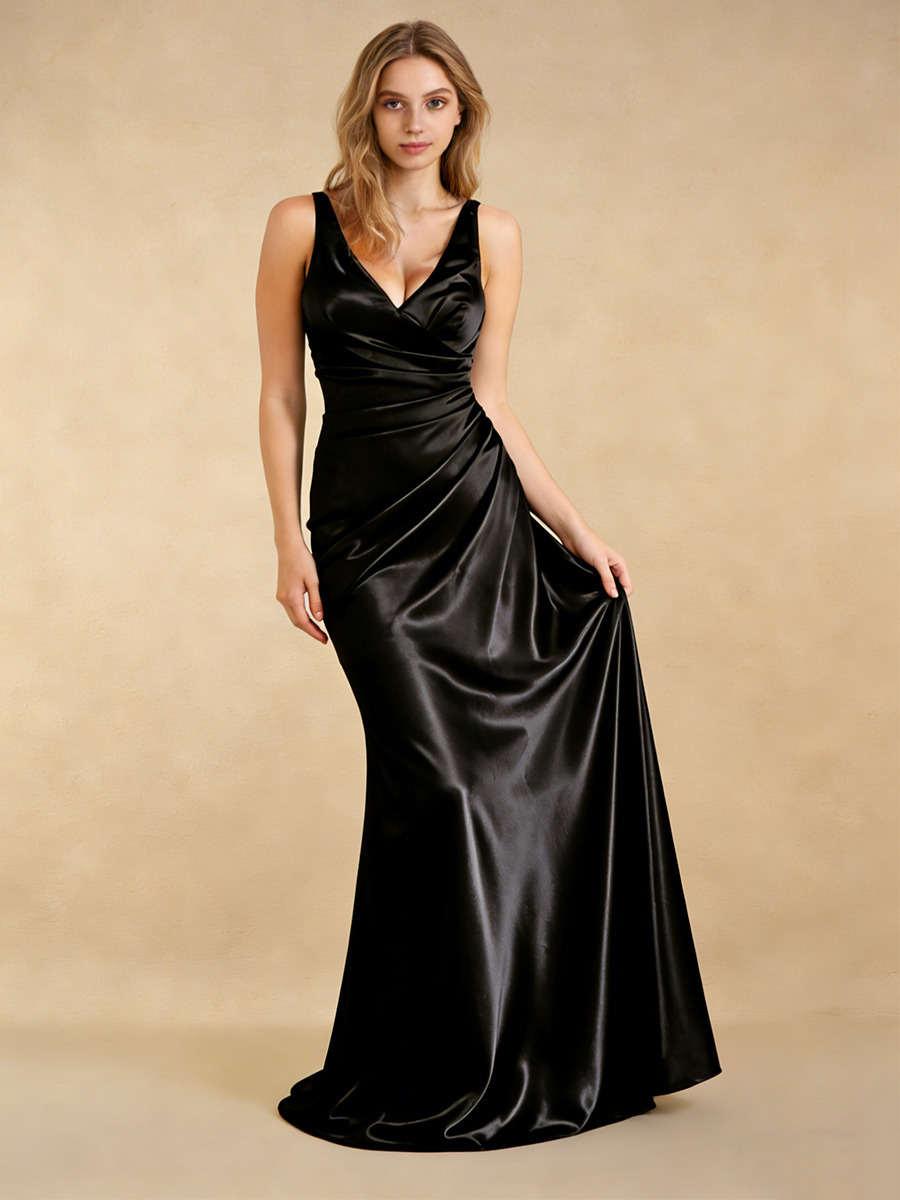 Mermaid V-Neck Satin Floor-Length Dress with Ruched Bodice for Bridesmaid