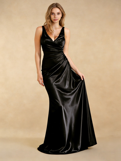 Mermaid V-Neck Satin Floor-Length Dress with Ruched Bodice for Bridesmaid