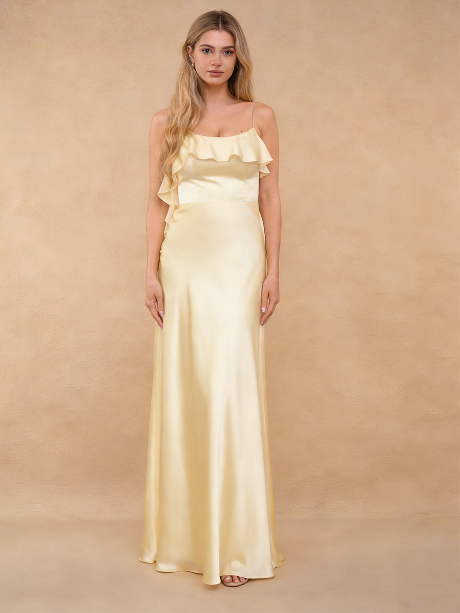 Sheath Square Neck Satin Floor-Length Dress with Asymmetric Ruffle Detail for Bridesmaid