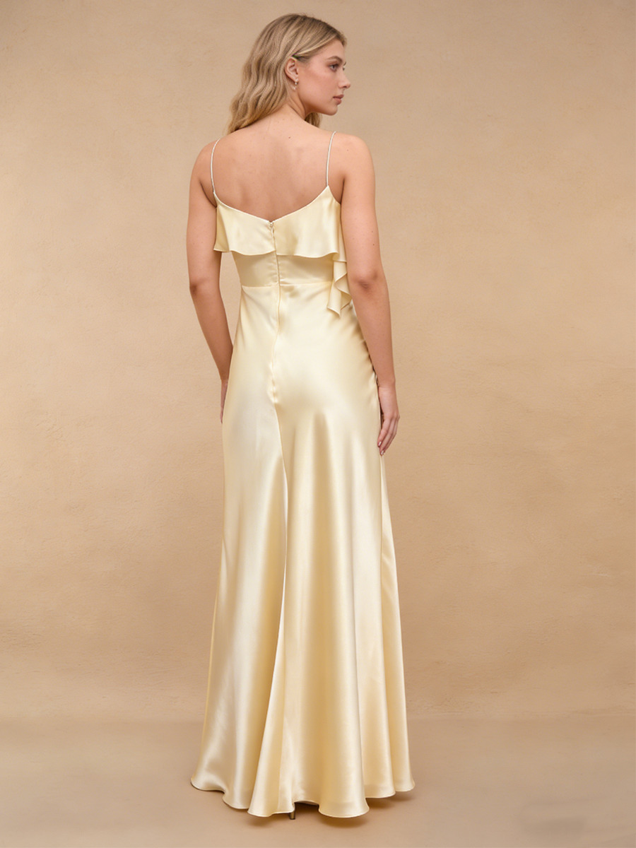Sheath Square Neck Satin Floor-Length Dress with Asymmetric Ruffle Detail for Bridesmaid