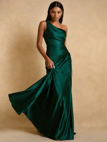 Mermaid One-Shoulder Satin Floor-Length Dress with Ruched Side & High Slit for Bridesmaid