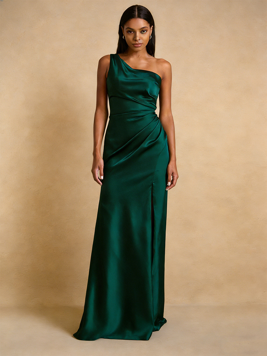 Mermaid One-Shoulder Satin Floor-Length Dress with Ruched Side & High Slit for Bridesmaid