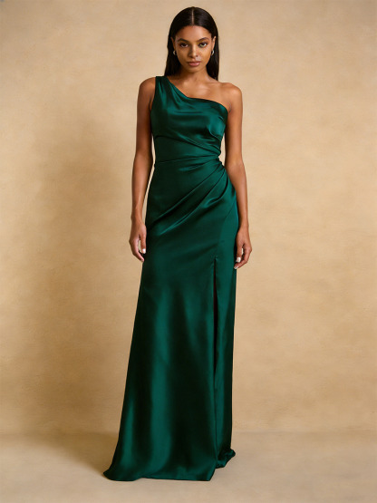 Mermaid One-Shoulder Satin Floor-Length Dress with Ruched Side & High Slit for Bridesmaid