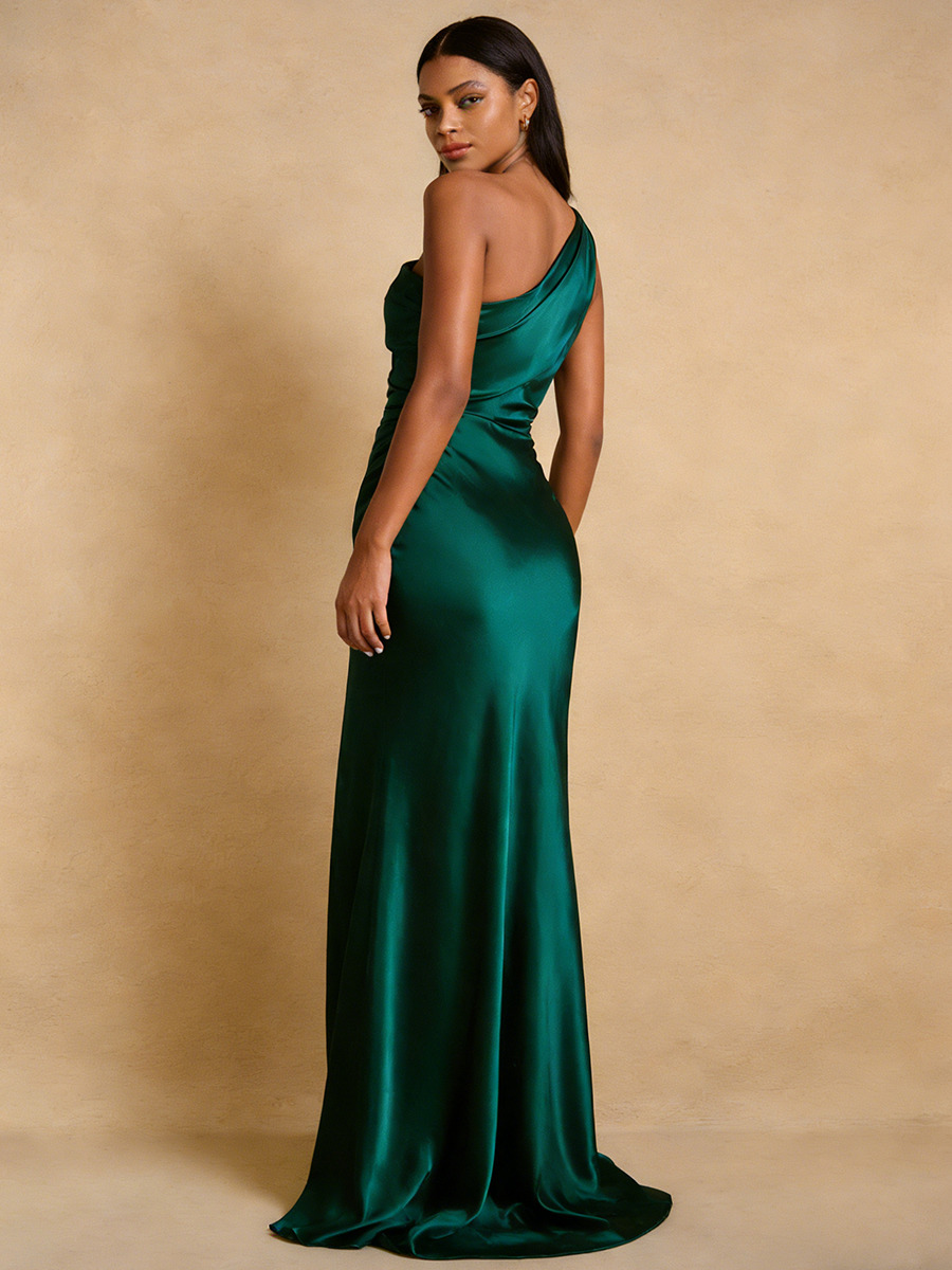 Mermaid One-Shoulder Satin Floor-Length Dress with Ruched Side & High Slit for Bridesmaid