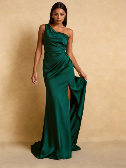 Mermaid One-Shoulder Satin Floor-Length Dress with Ruched Side & High Slit for Bridesmaid