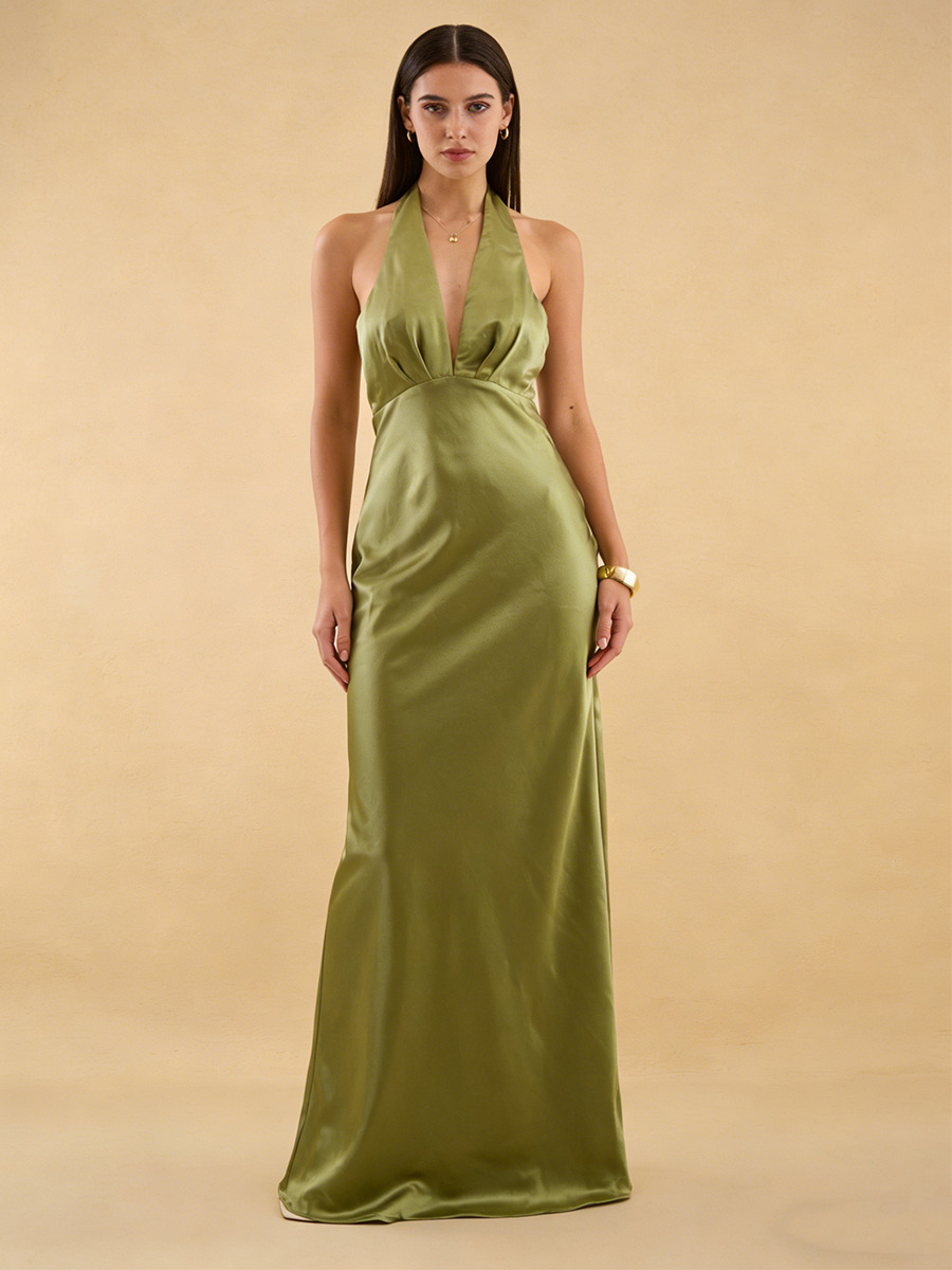Sheath Halter V-Neck Satin Floor-Length Dress for Bridesmaid