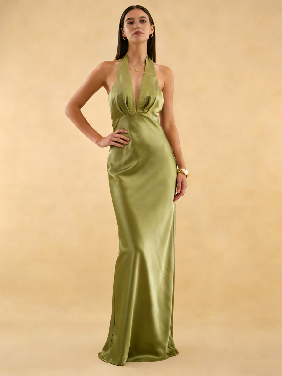 Sheath Halter V-Neck Satin Floor-Length Dress for Bridesmaid