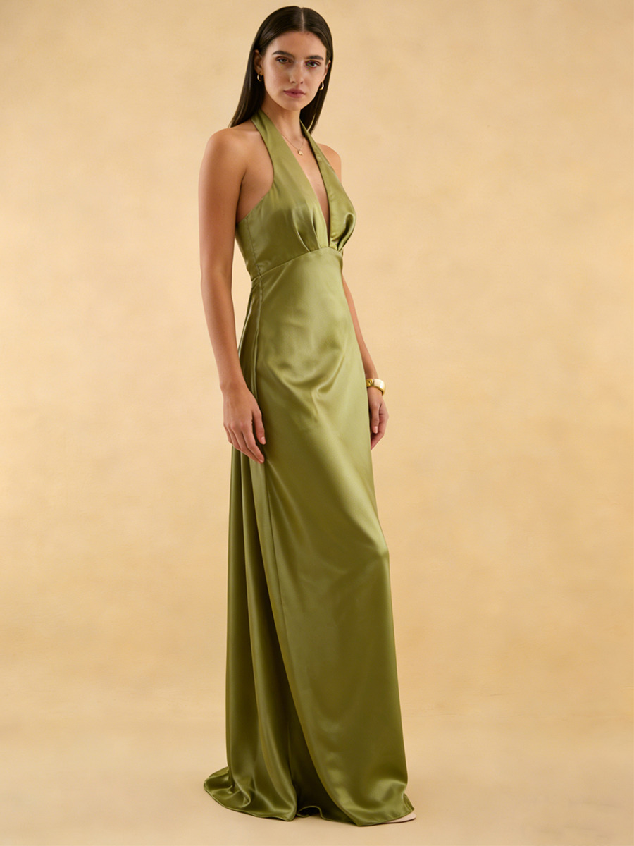Sheath Halter V-Neck Satin Floor-Length Dress for Bridesmaid