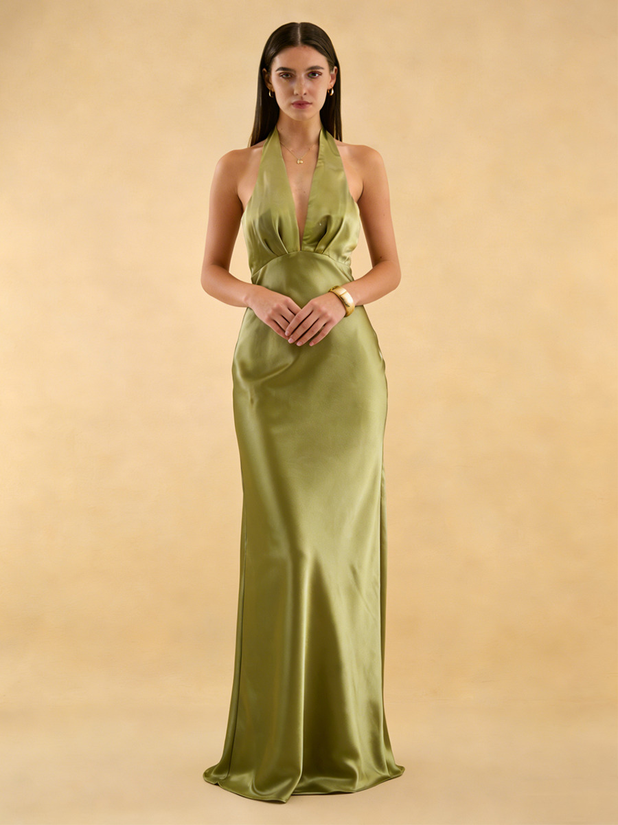 Sheath Halter V-Neck Satin Floor-Length Dress for Bridesmaid