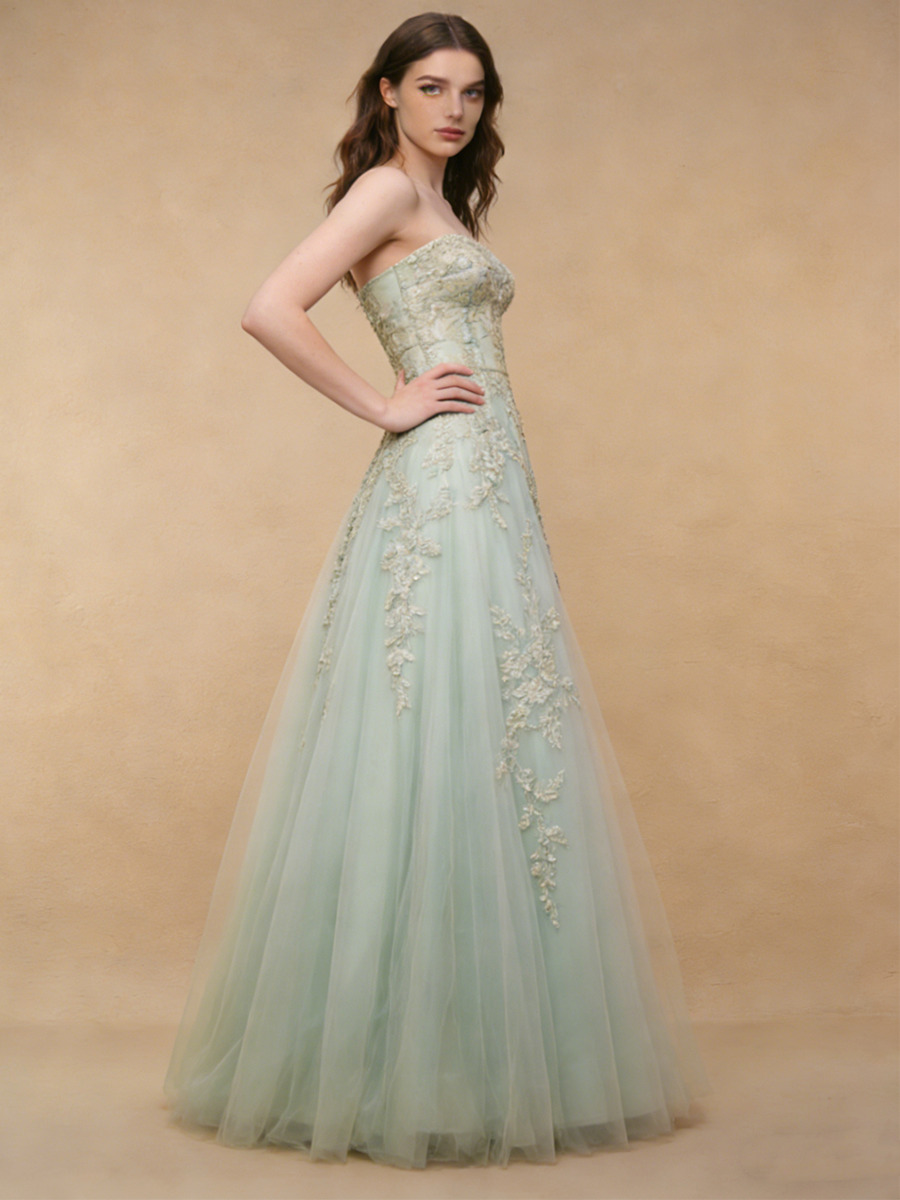 A-Line Strapless Tulle Floor-Length Dress with Floral Lace Appliques for Prom & Gala Events