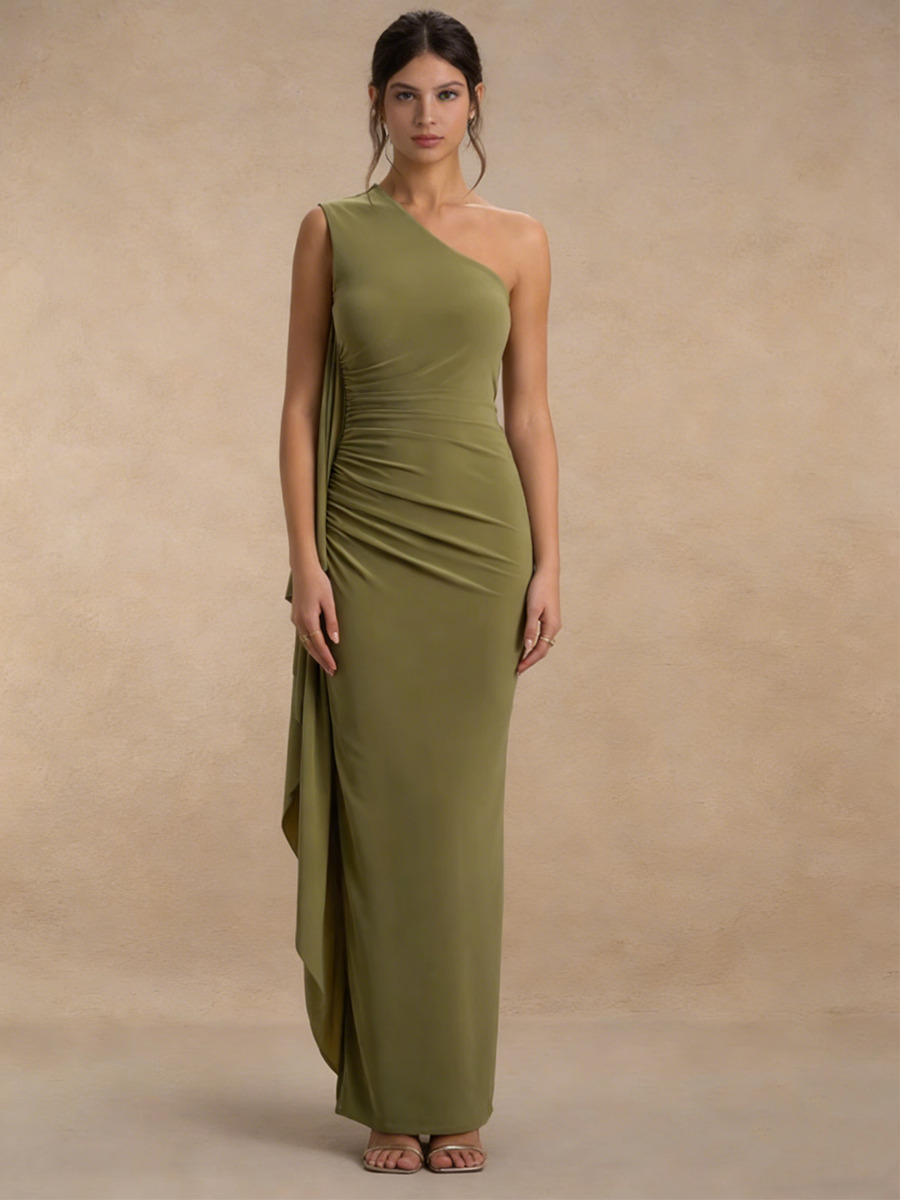 Sheath One-Shoulder Jersey Floor-Length Dress with Ruched Side & Draped Detail for Bridesmaid