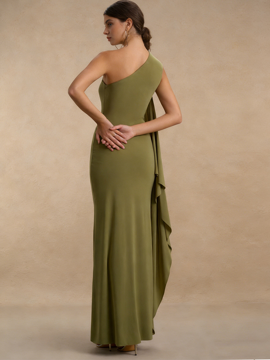 Sheath One-Shoulder Jersey Floor-Length Dress with Ruched Side & Draped Detail for Bridesmaid