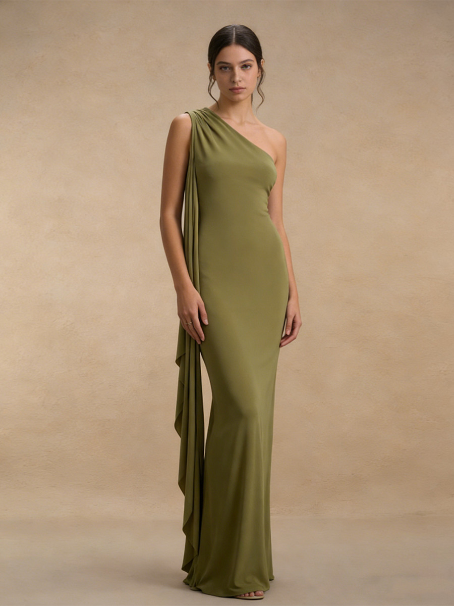 Sheath One-Shoulder Jersey Floor-Length Dress with Ruched Side & Draped Detail for Bridesmaid