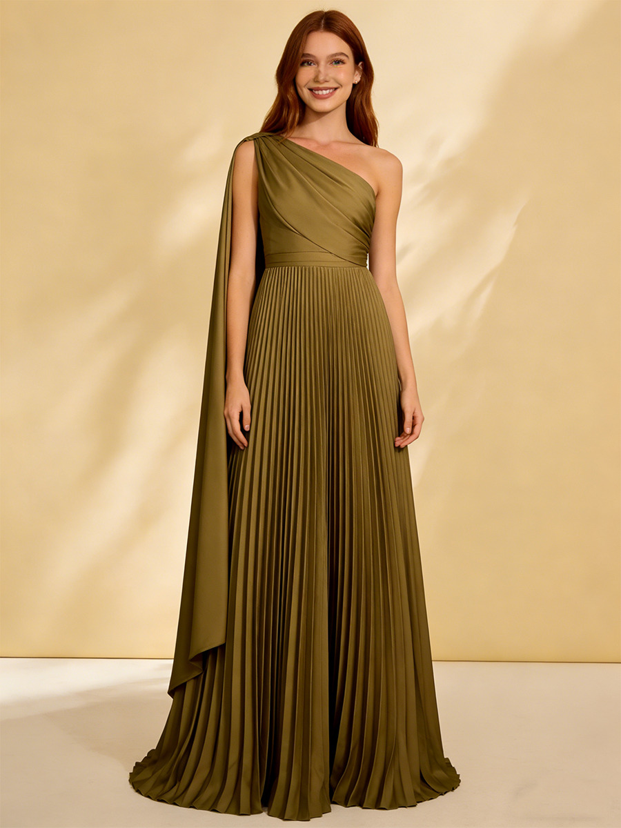 A-Line One-Shoulder Pleated Floor-Length Dress with Cape Detail for Bridesmaid