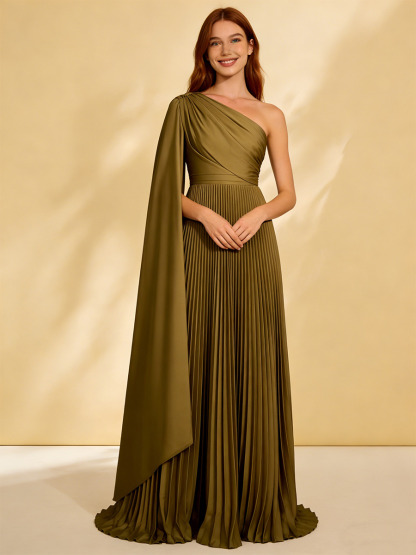 A-Line One-Shoulder Pleated Floor-Length Dress with Cape Detail for Bridesmaid