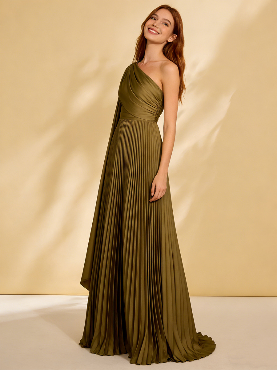 A-Line One-Shoulder Pleated Floor-Length Dress with Cape Detail for Bridesmaid