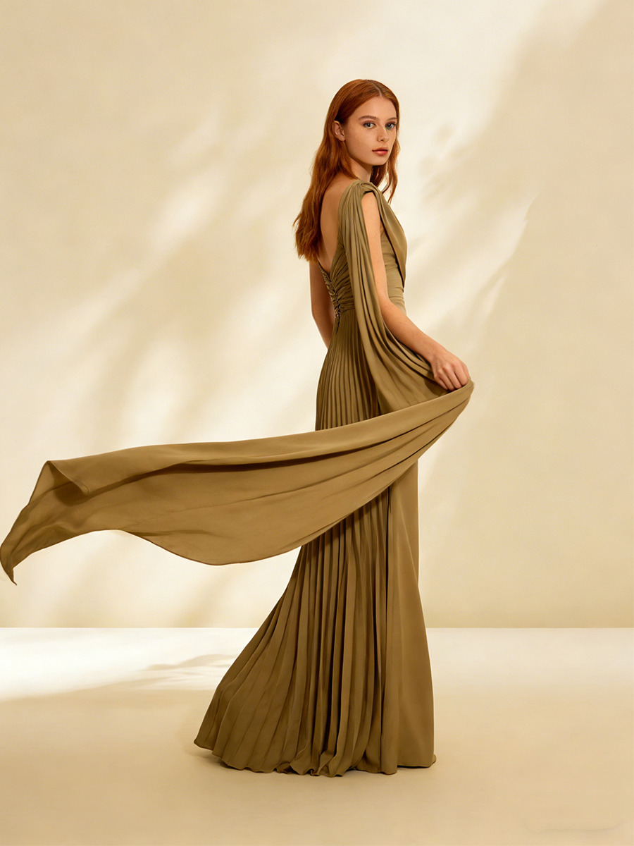 A-Line One-Shoulder Pleated Floor-Length Dress with Cape Detail for Bridesmaid