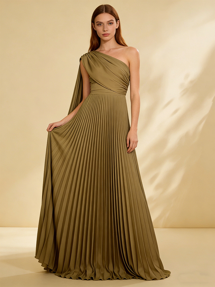 A-Line One-Shoulder Pleated Floor-Length Dress with Cape Detail for Bridesmaid