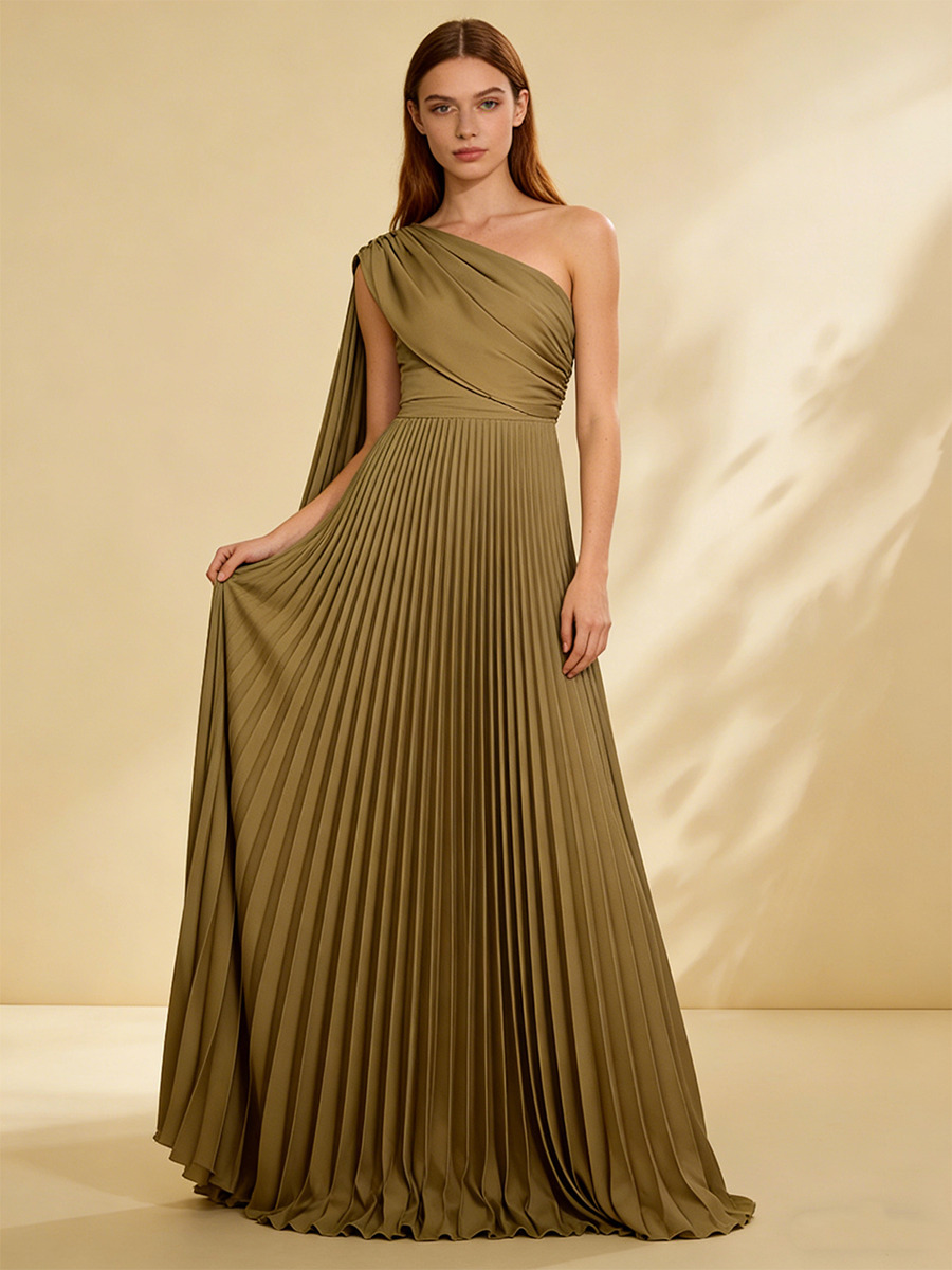 A-Line One-Shoulder Pleated Floor-Length Dress with Cape Detail for Bridesmaid