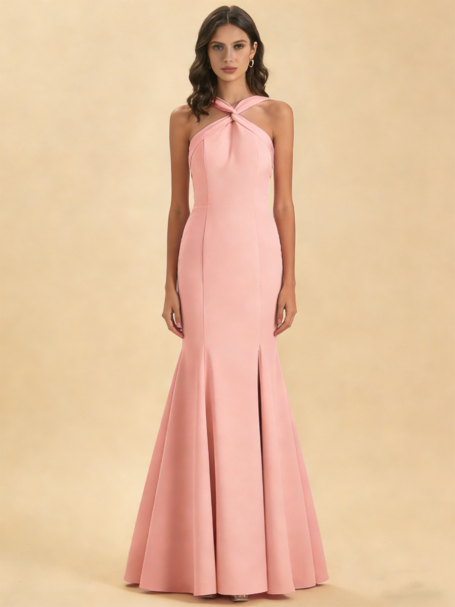 Mermaid Halter Neck Crepe Floor-Length Dress with High Slit for Bridesmaid