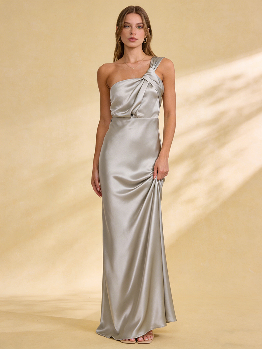 Sheath One-Shoulder Satin Floor-Length Dress with Ruched Side & Twist Detail for Bridesmaid