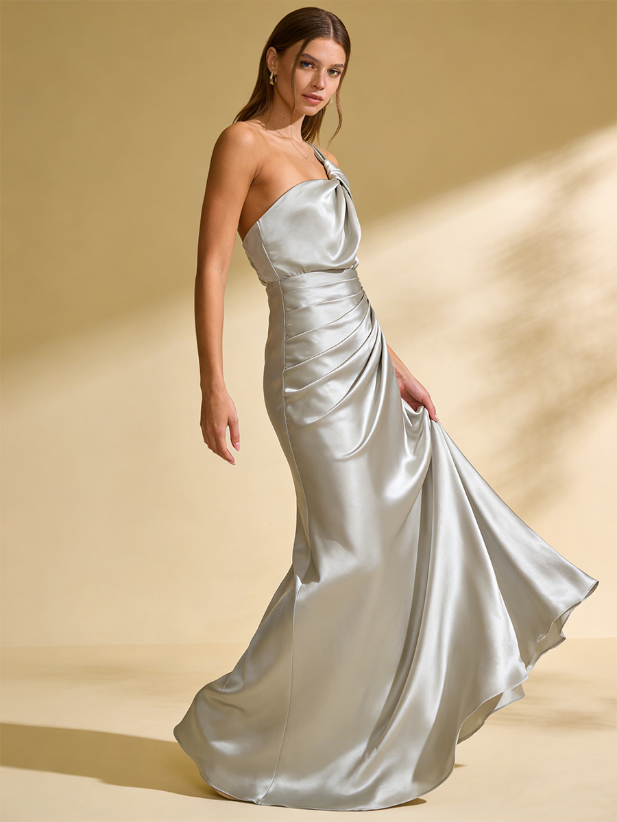 Sheath One-Shoulder Satin Floor-Length Dress with Ruched Side & Twist Detail for Bridesmaid