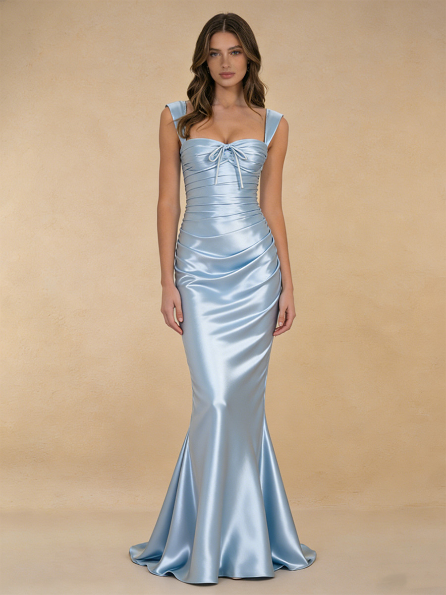 Mermaid Sweetheart Neck Satin Floor-Length Dress with Ruched Bodice & Lace Trim for Bridesmaid