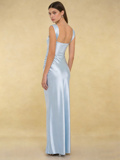 Mermaid Sweetheart Neck Satin Floor-Length Dress with Ruched Bodice & Lace Trim for Bridesmaid