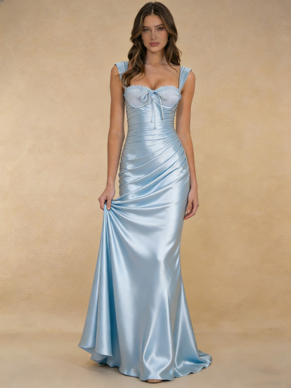 Mermaid Sweetheart Neck Satin Floor-Length Dress with Ruched Bodice & Lace Trim for Bridesmaid